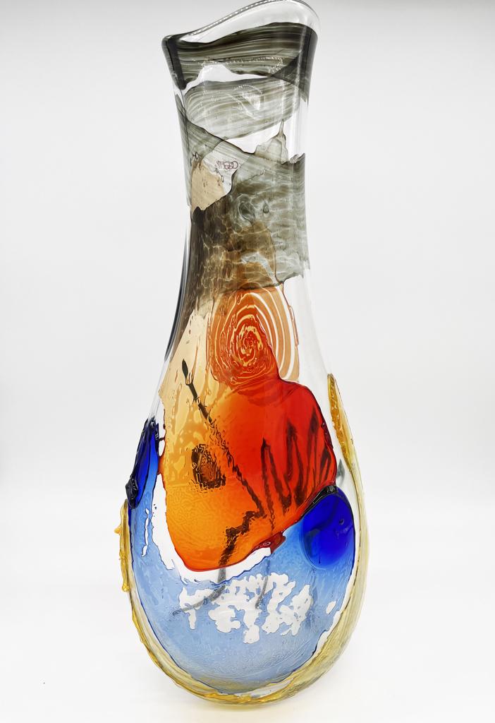 Mario Badioli, 'Clear Glass Vase with Applied Melted Sections and Ribbons Depicting an Abstract Face'