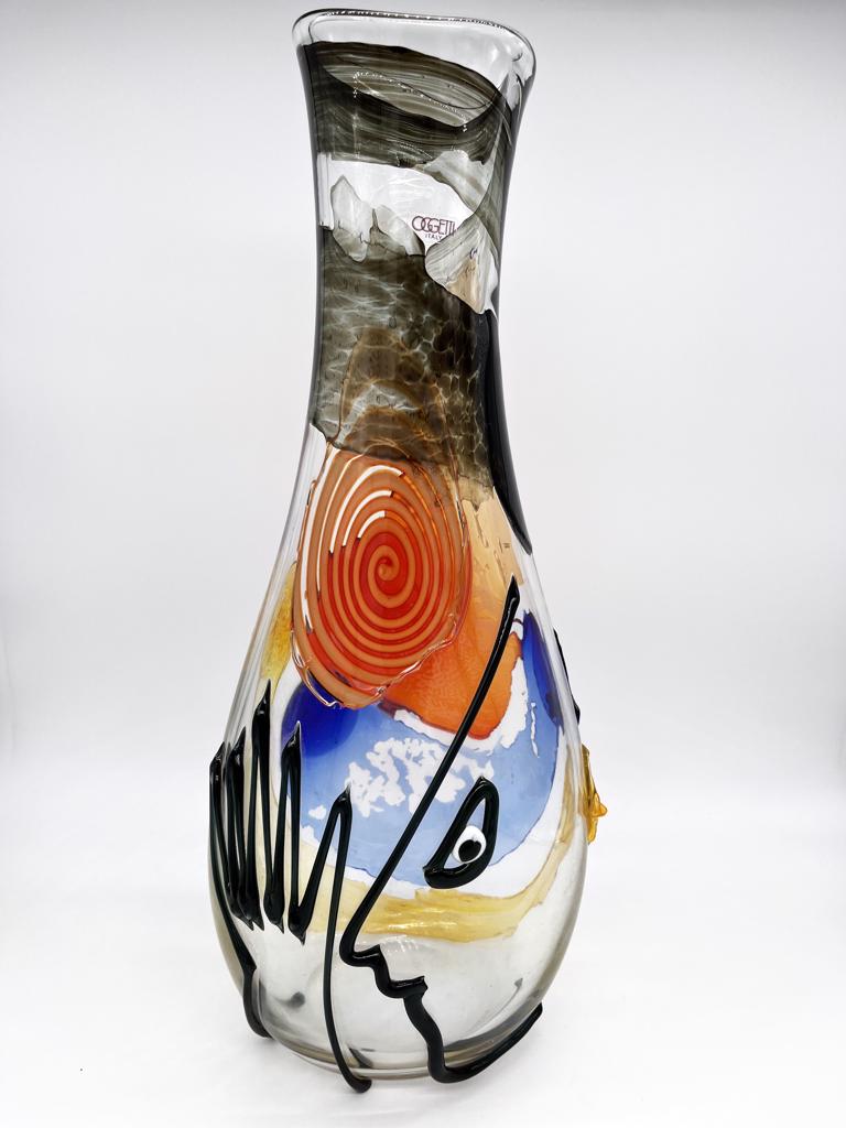 Mario Badioli, 'Clear Glass Vase with Applied Melted Sections and Ribbons Depicting an Abstract Face'